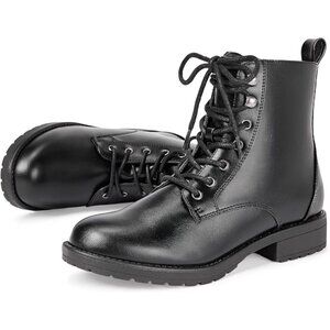 Women's Black Ankle Combat Boots Lace Up Booties with Side Zipper Low Heel